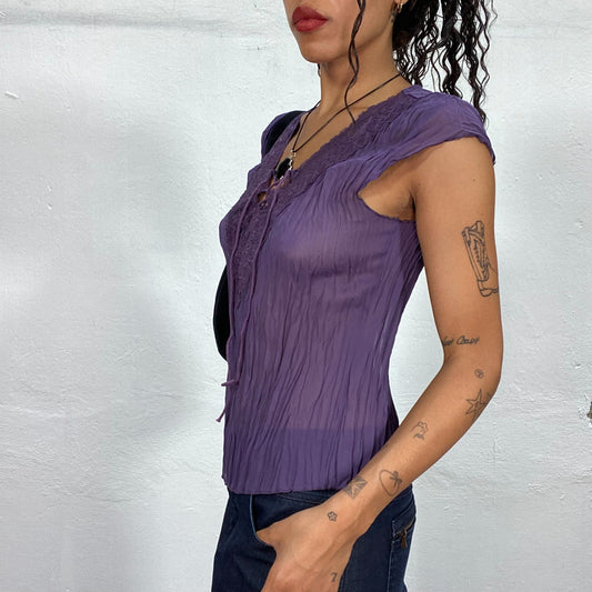 Vintage 2000's Indie Purple Semi-Sheer Top with Lace Up Detail (S)