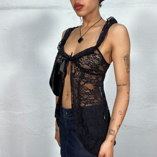 Vintage 90's Ballet Black Mesh Top with Tie Detail and Ruffler Straps (S/M)