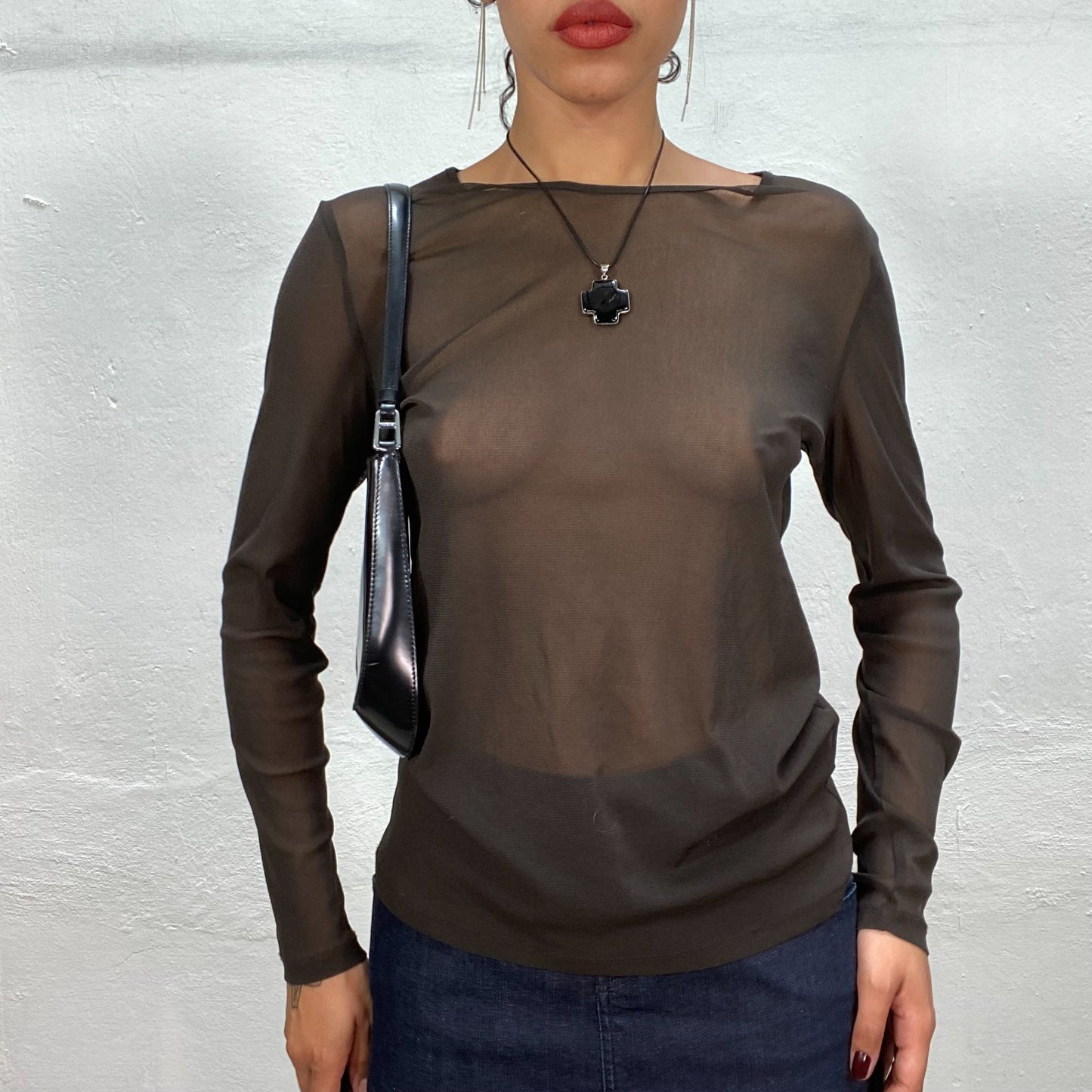 Vintage 90's Model Off Duty Brown Mesh Longsleeve Top (M)