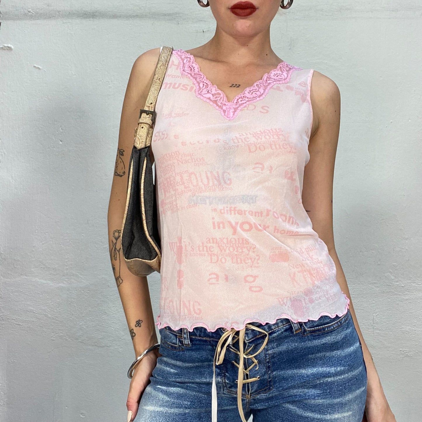 Vintage 2000's Babygirl Soft Pink Semi-Sheer Top with Typography Print and Lace Trim (S)