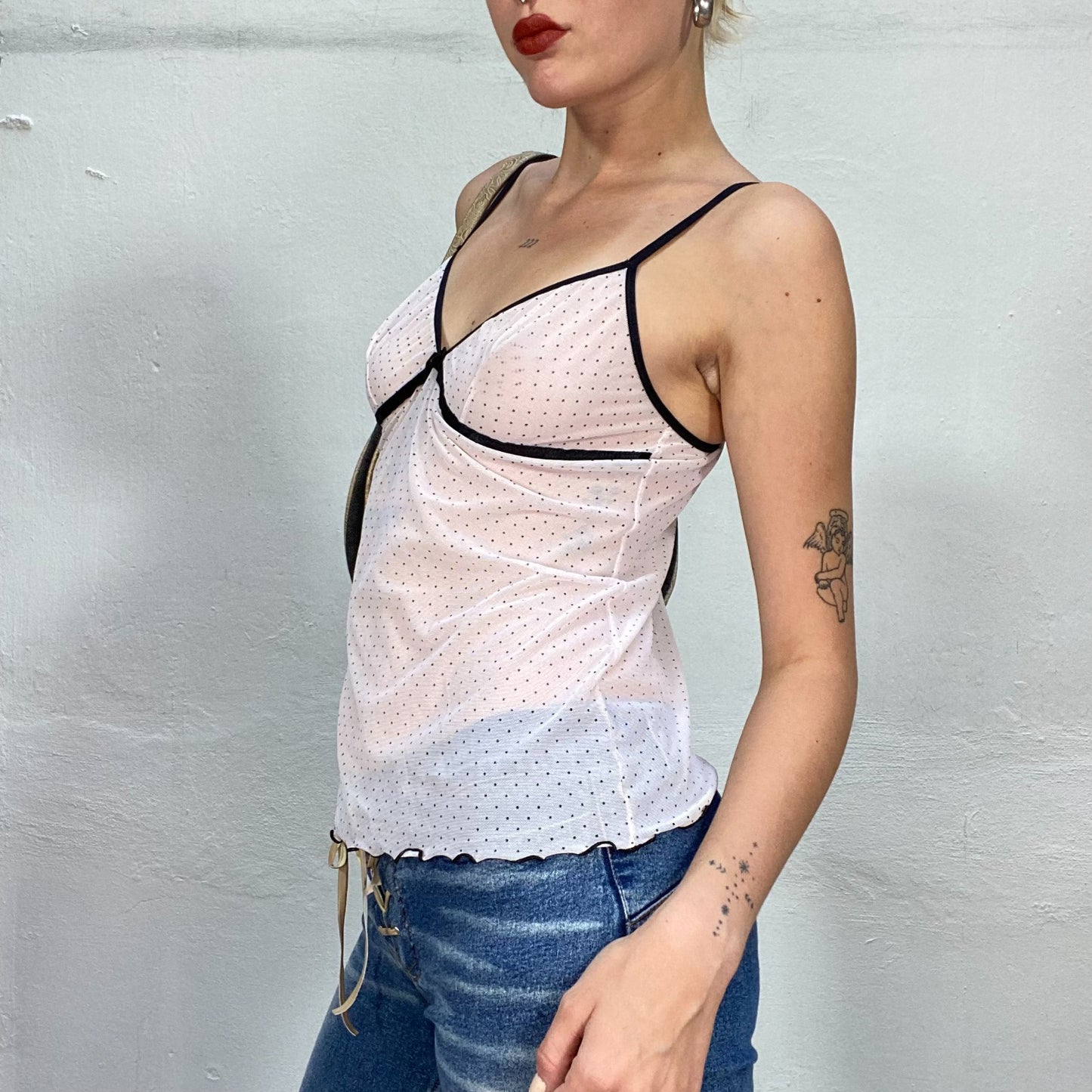 Vintage 2000's Babygirl White Sheer Polkadot Cami Top with Black Ribbon (M)