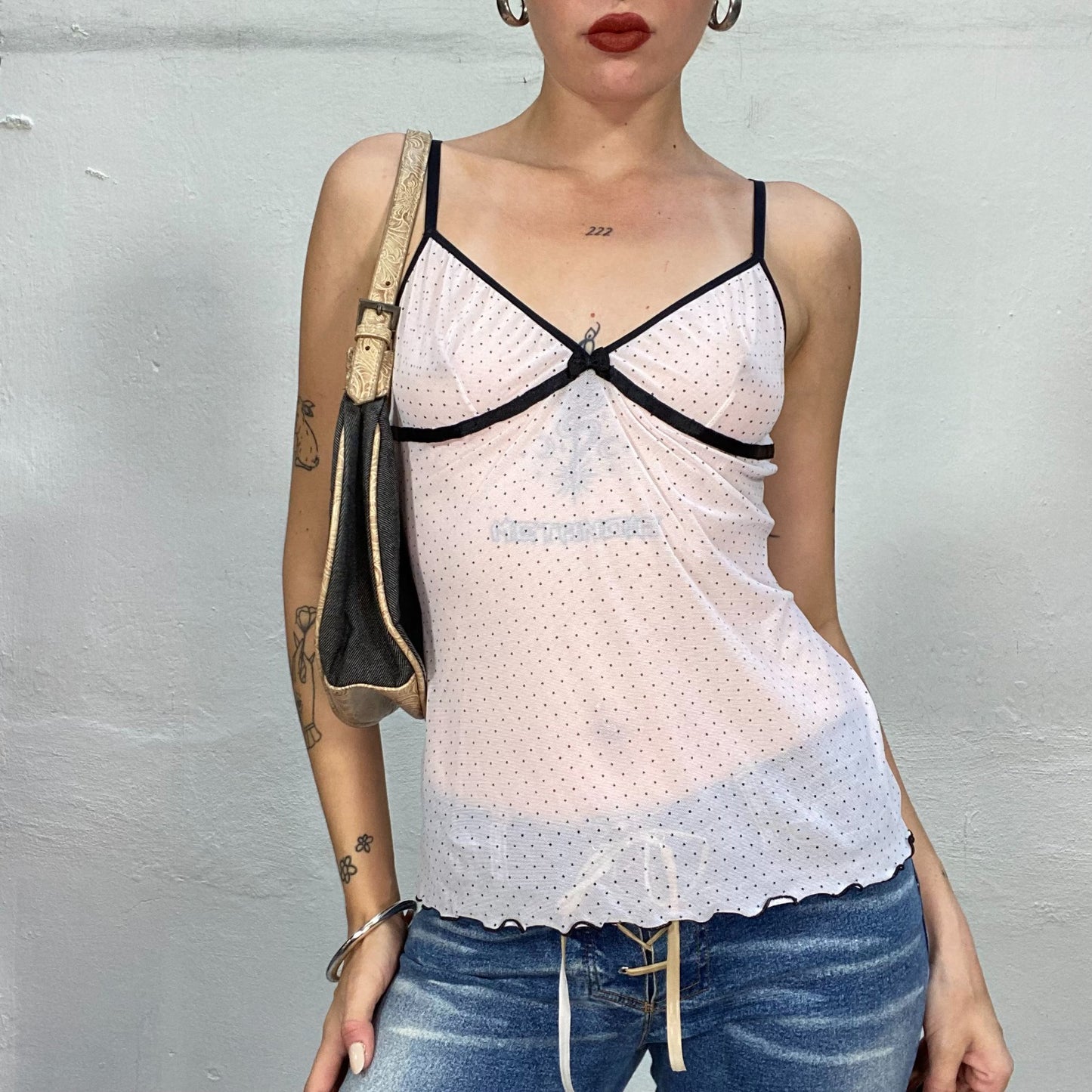 Vintage 2000's Babygirl White Sheer Polkadot Cami Top with Black Ribbon (M)