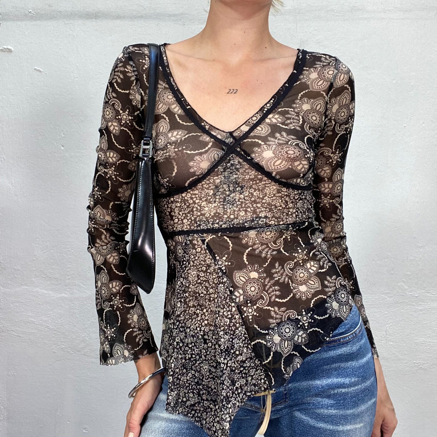 Vintage 90's Hippie Asymmetric Brown Sheer Longsleeve Top with White Floral Print (S)