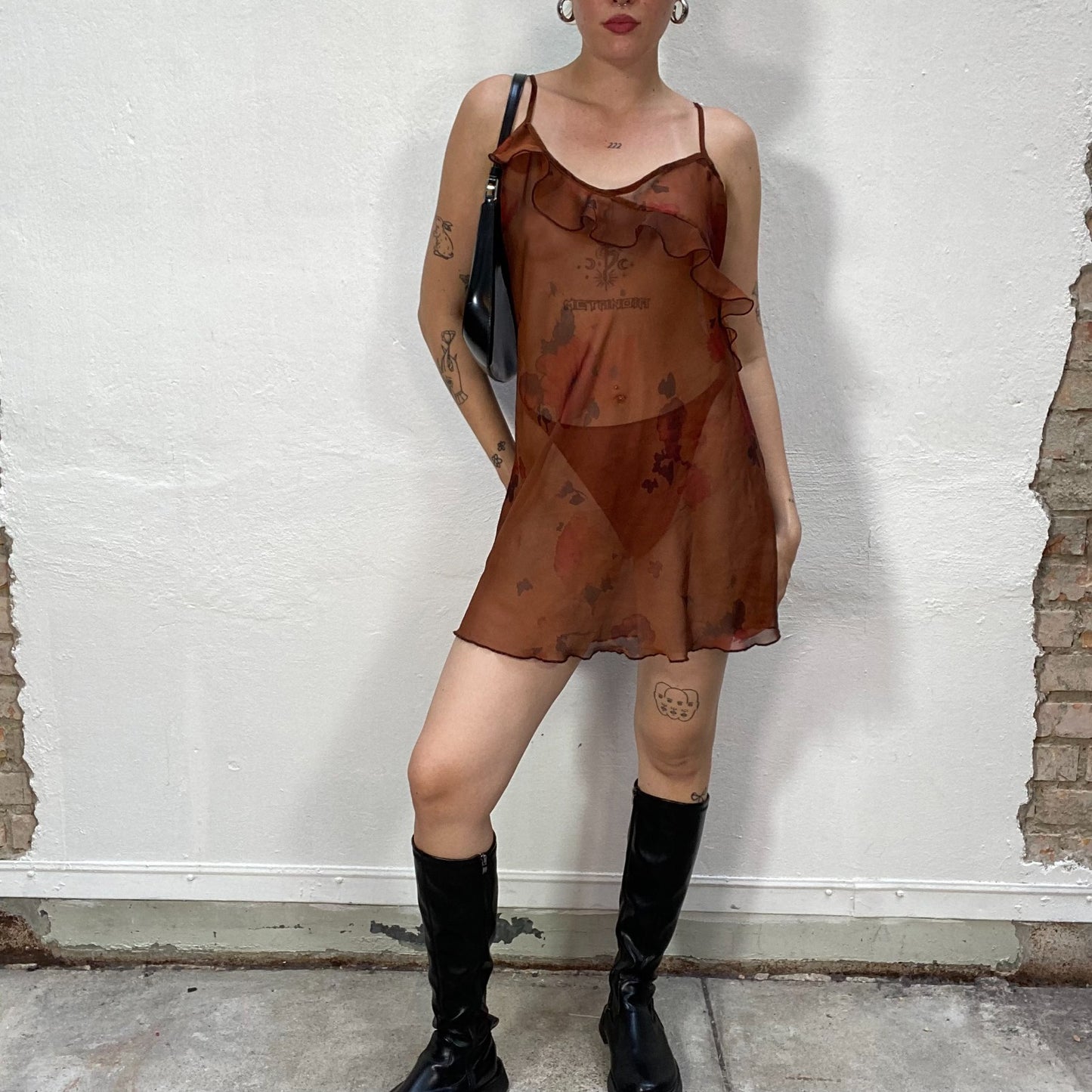 Vintage 90's Grunge Brown Mesh Slip Dress with Frill Detail (S)