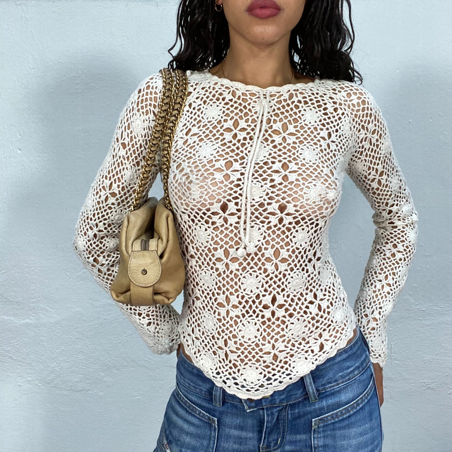 Vintage 90's Summer White Longsleeve Crochet Top (S/M)