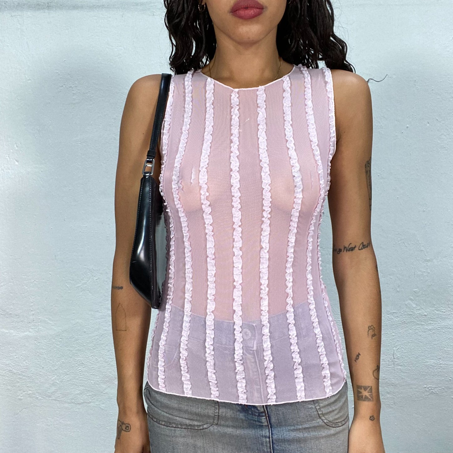 Vintage 90's Summer Pink Mesh Top with Ruffle Detail (S/M)