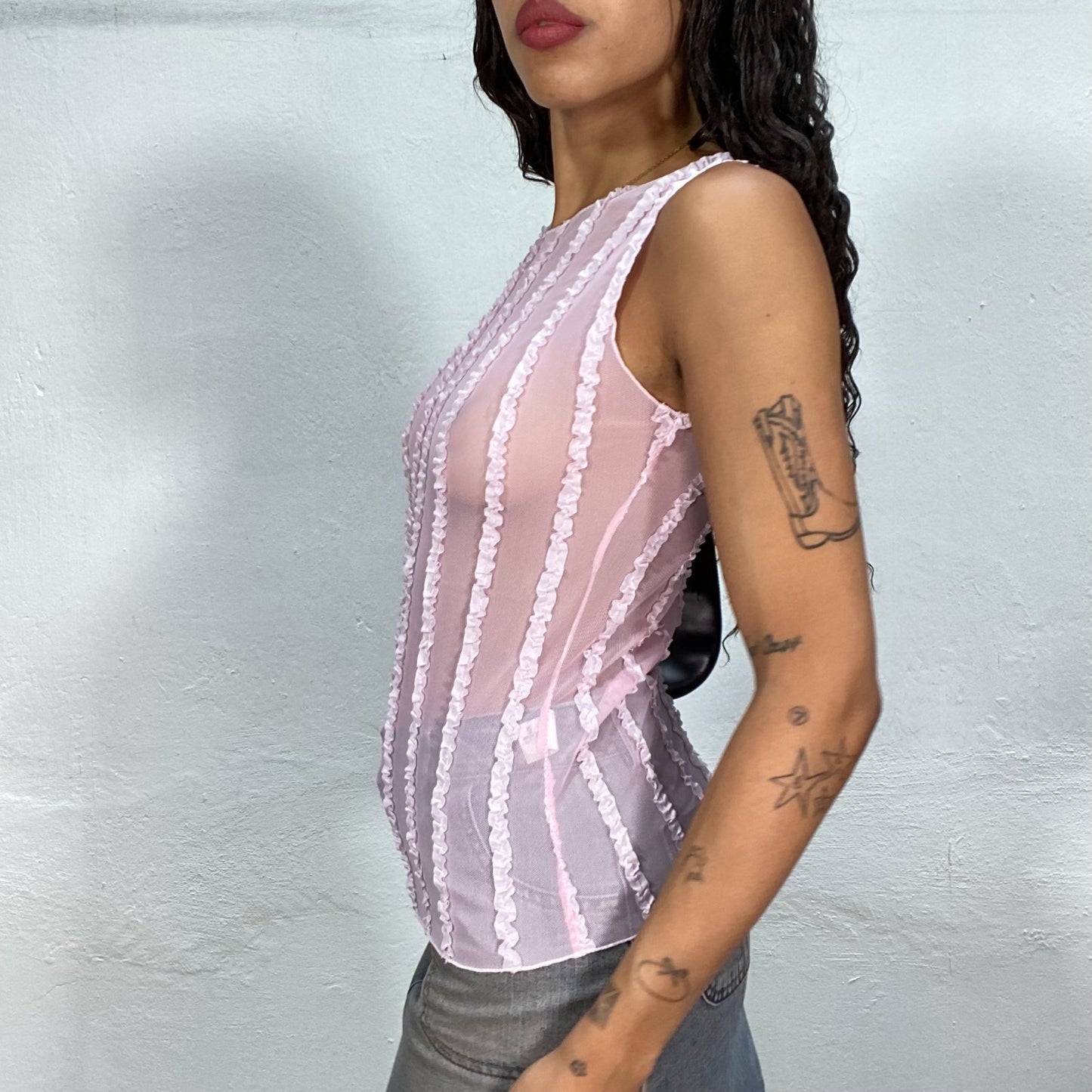 Vintage 90's Summer Pink Mesh Top with Ruffle Detail (S/M)