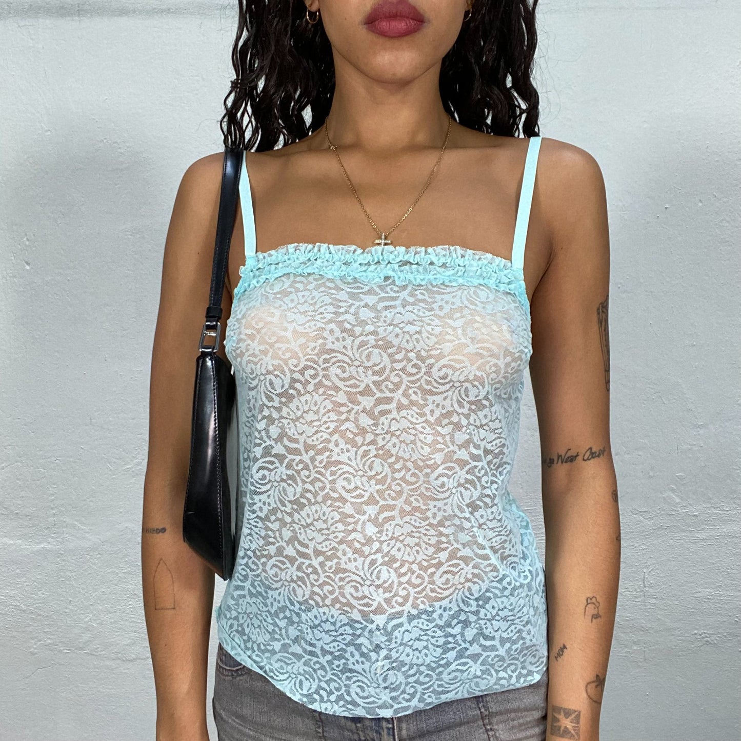 Vintage 90's Summer Blue Mesh Top with Lace Foral Embroidery (S/M)