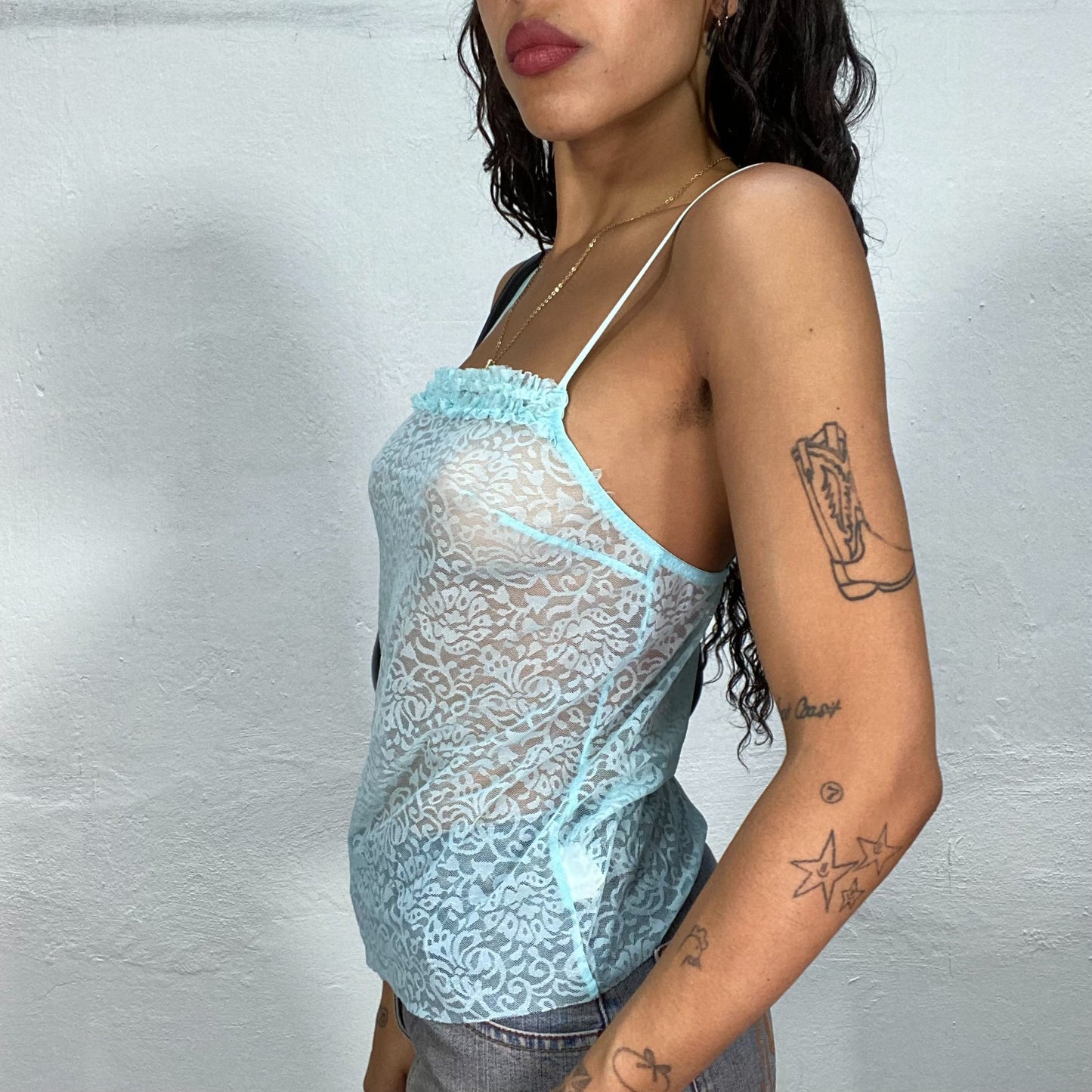 Vintage 90's Summer Blue Mesh Top with Lace Foral Embroidery (S/M)