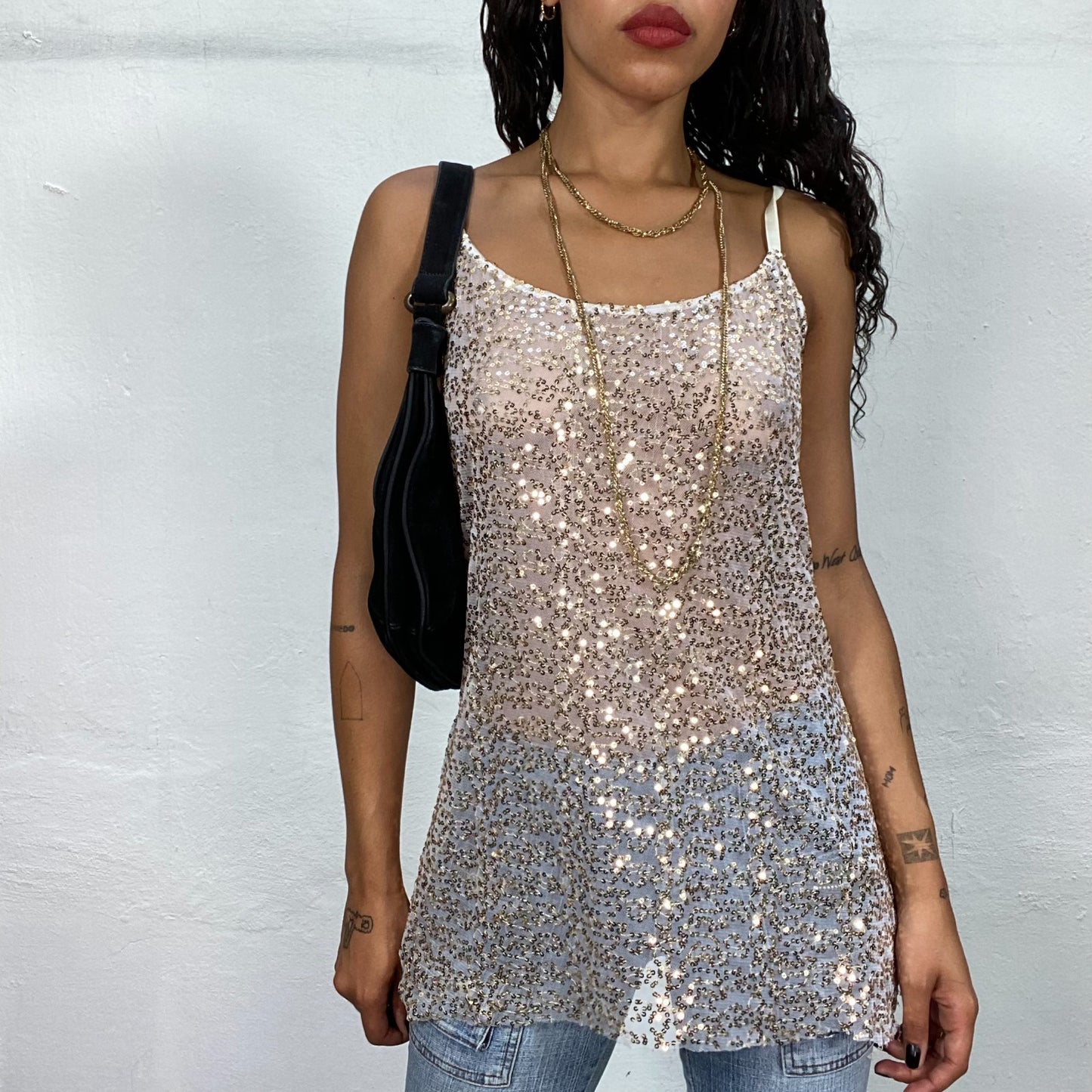 Vintage 2000's Sleaze White Mesh Long Top with Golden Sequins (S/M)