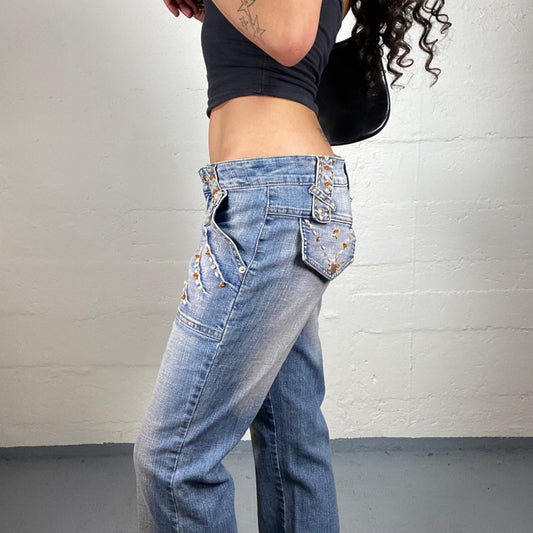 Vintage 2000's Glam Light Denim Flare Jeans with Sequins Embroidery (L)