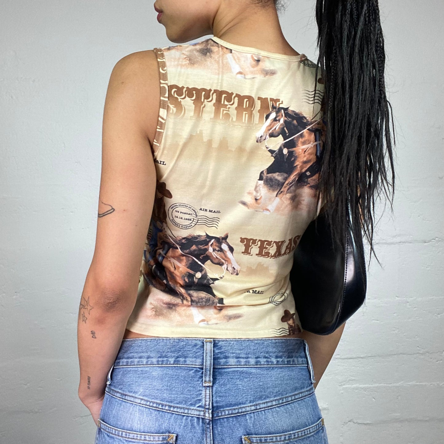 Vintage 2000's Cowgirl Style Brown Texas and Horses Printed Tank Top (M)