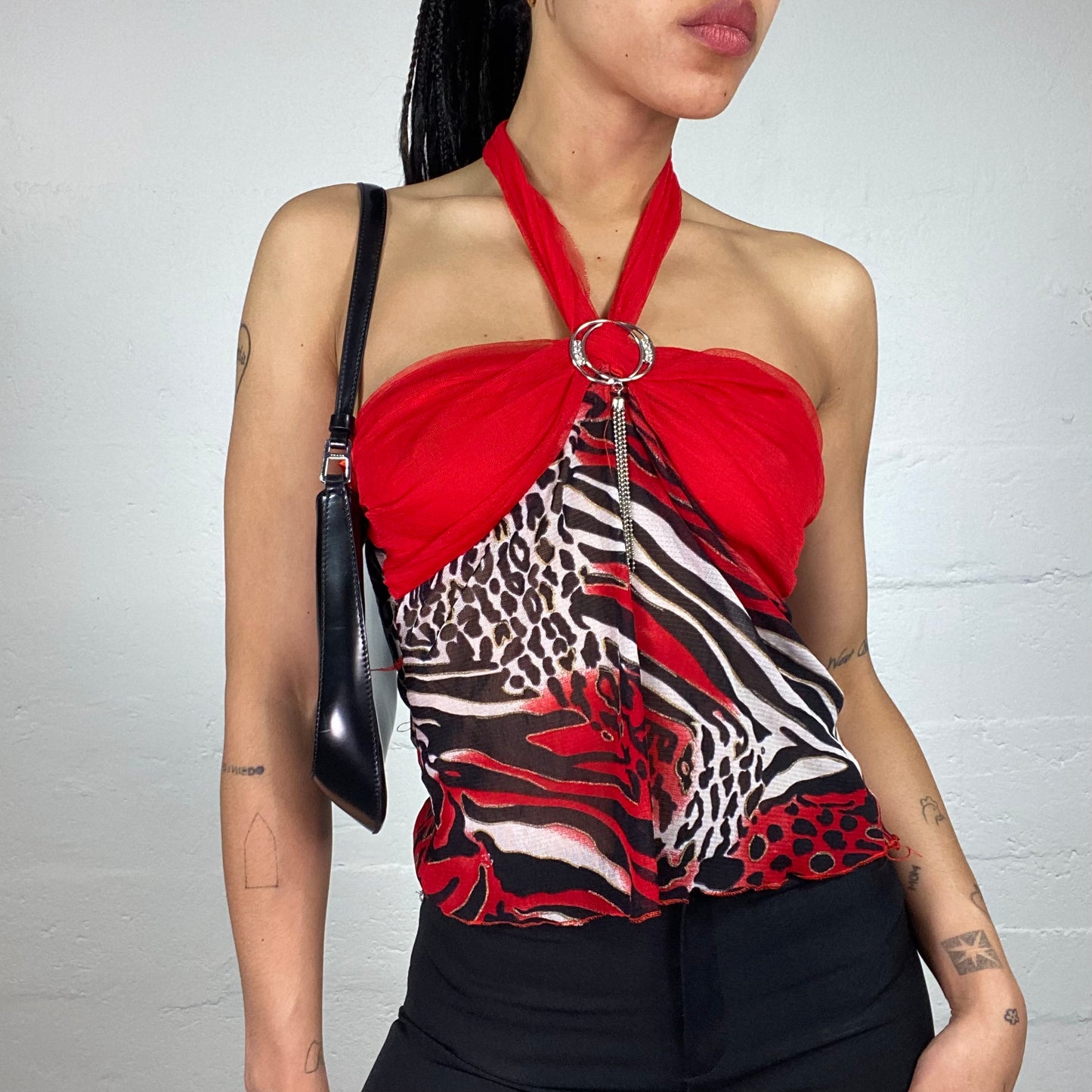 Vintage 2000's Fancy Blood Red Animal Printed Neckholder Top with Metal Ring Detail (S)