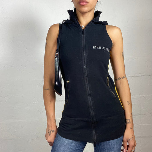 Vintage 2000's Sporty Black Sleeveless Sip Up Hooded Top with Side Yellow Stripes and Rhinestone Embroidery (M)