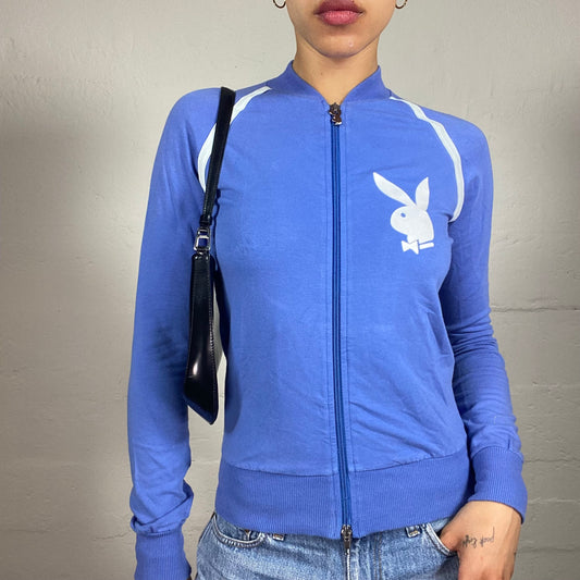 Vintage 2000's Archive Playboy Blue Zip Up Pullover with White Logo and Stripes (S)