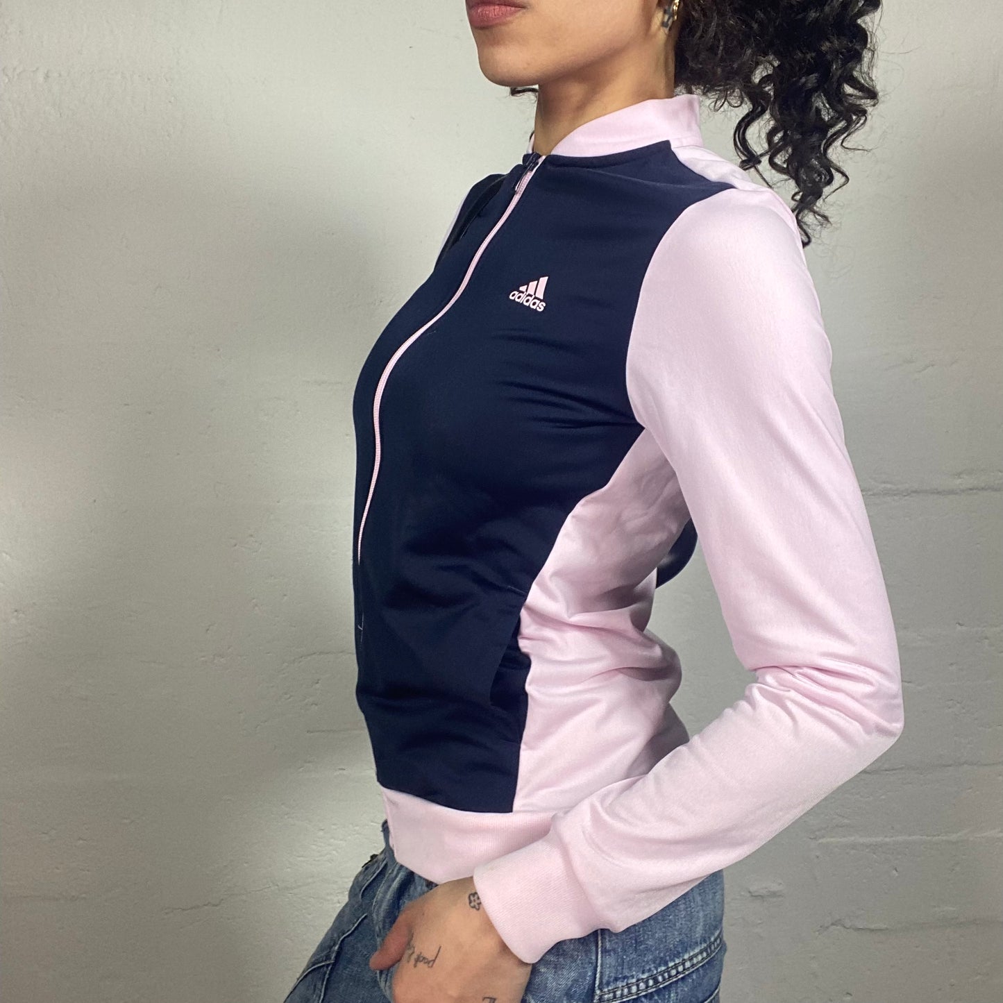 Vintage 2000's Archive Adidas Sporty Baby Pink and Navy Blue Zip Up Pullover (S)