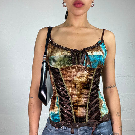 Vintage 2000's Baroque Brown Toned Velour Corset Style Silky Lace Up Top with Blue and Green Accents (S)