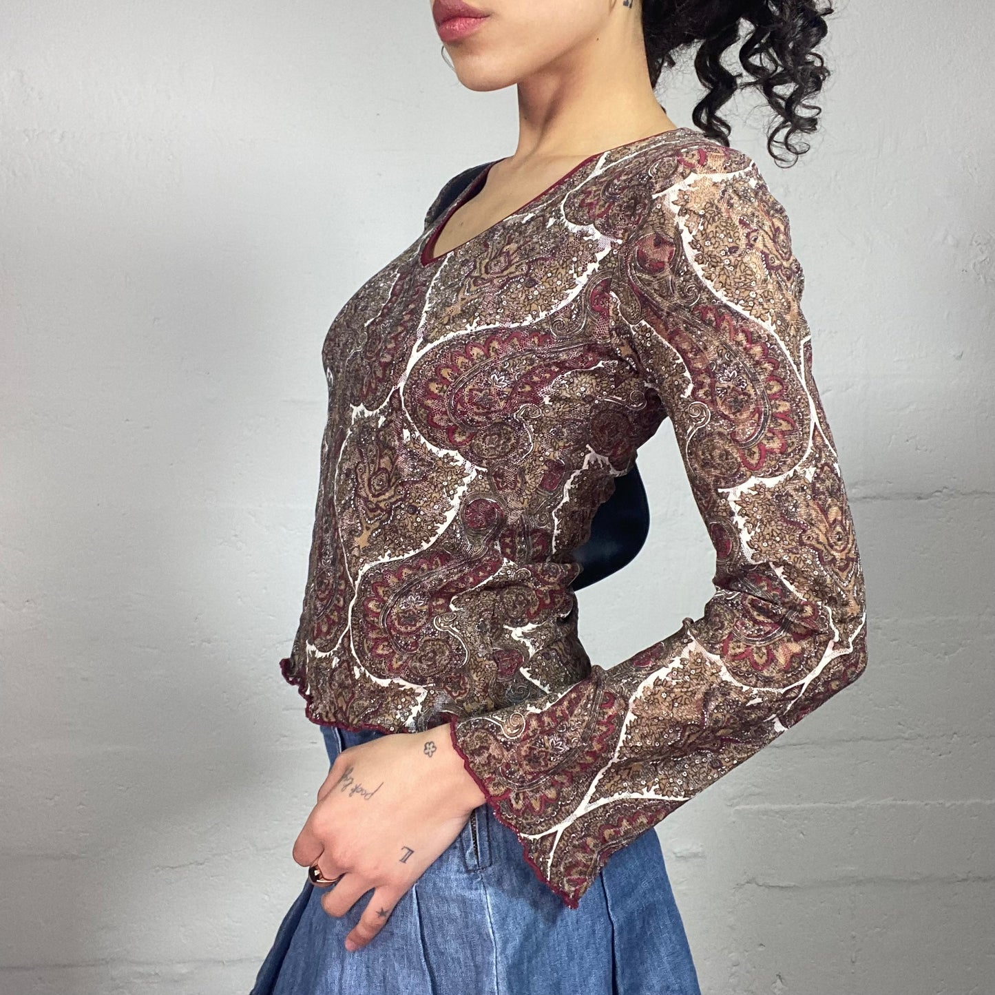 Vintage 2000's Boho Girl V-Neck Printed Longsleeve Top (S)