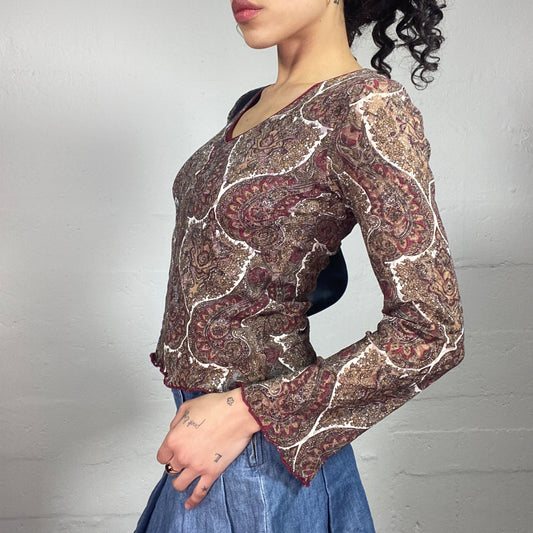 Vintage 2000's Boho Girl V-Neck Printed Longsleeve Top (S)