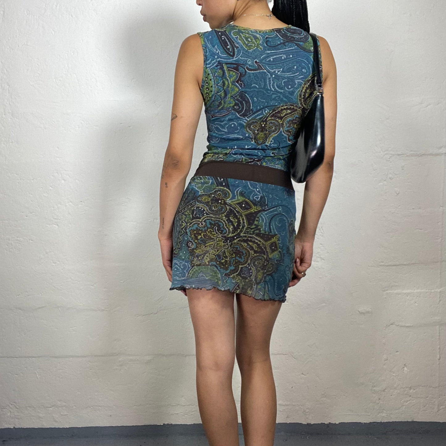 Vintage 2000's Boho Girl Blue Toned Mini Slim Dress with Green Print and Brown Waist Band (S)