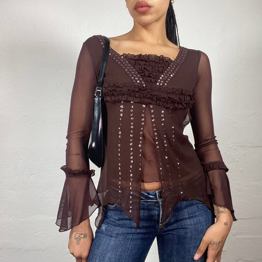 Vintage 2000's Boho Girl Brown Longsleeve Mesh Layered Flared Sleeves Top with Silver Sequin Decorations (S)