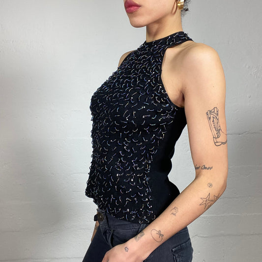 Vintage 2000's Chic Clubwear Black Neckholder Tank Top with Sequins Decorations (S)