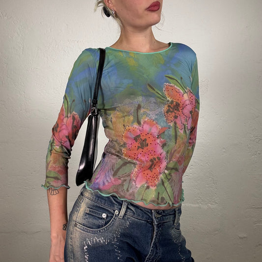 Vintage 2000's Downtown Girl Blue and Green Tie Dye Longsleeve Top with Flower Print and Rhinestone Details (M)