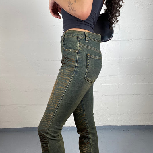 Vintage 2000's Cowgirl Green High Waisted Bootcut Jeans with Velour Animal Print (L)