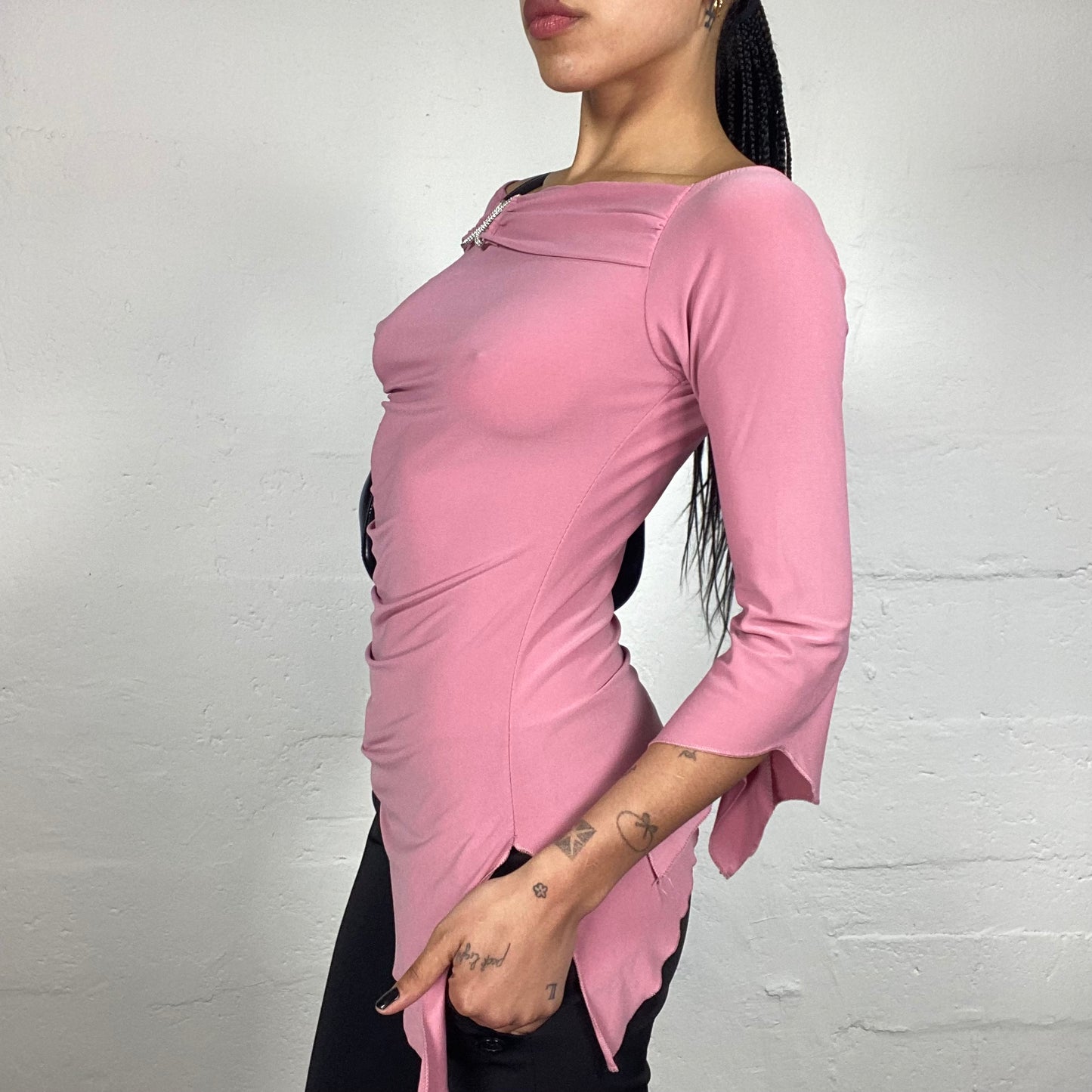 Vintage 2000's Romantic Pink Asymmetric 3/4 Flare Sleeves Long Top with Metal Detail (S)
