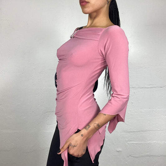 Vintage 2000's Romantic Pink Asymmetric 3/4 Flare Sleeves Long Top with Metal Detail (S)