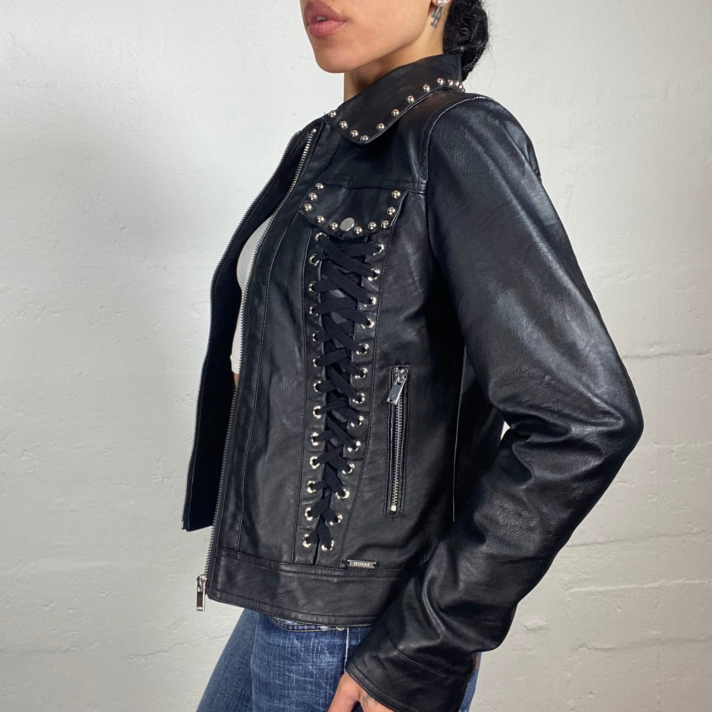 Vintage 2000's Guess Biker Girl Black Leather Zip Up Jacket with Lace Up Decorations and Metal Balls Embroidery (M)