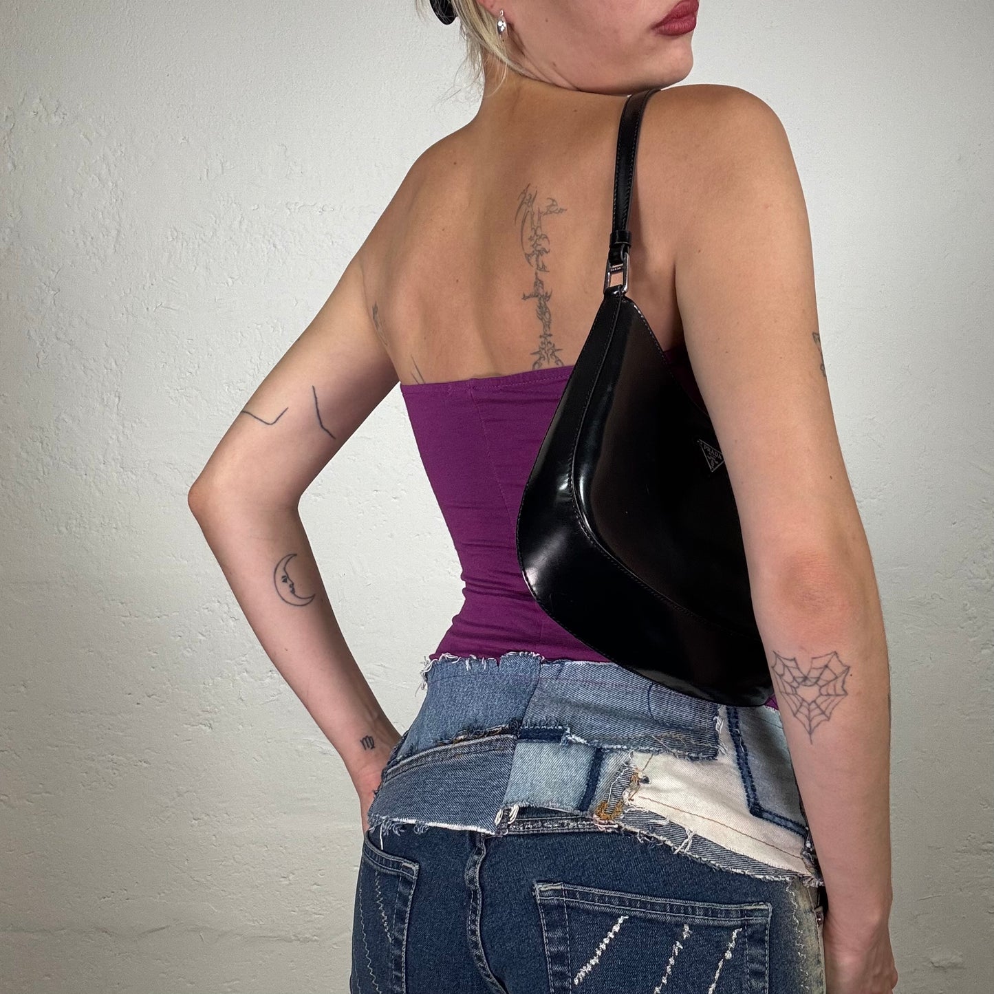Vintage 2000's Downtown Girl Purple Bandeau Top with Seqin Detail and Denim Bottom Hem (S)
