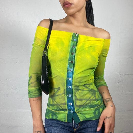 Vintage 2000's Fairy Girl Neon Yellow and Green Fade 3/4 Sleeve Mesh Draped Button Up Top (S)