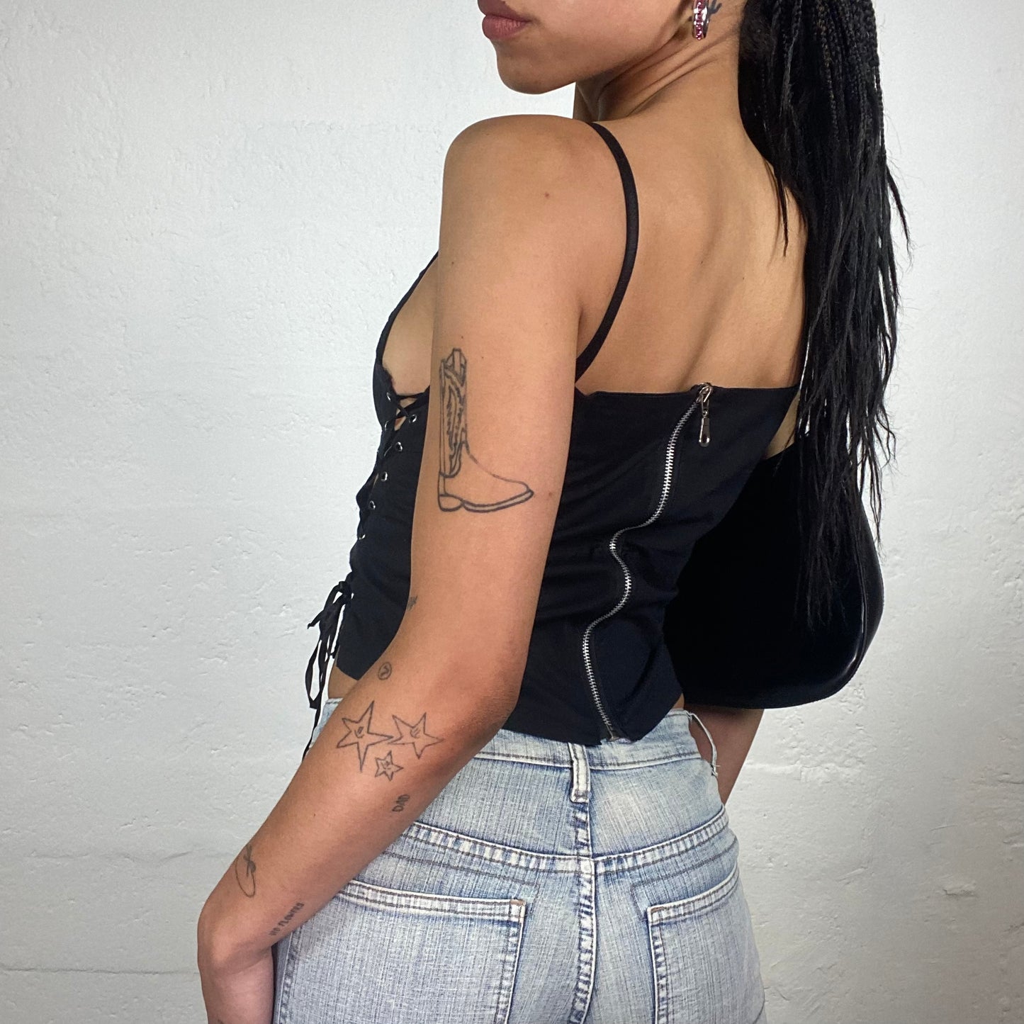 Vintage 2000’s Grunge Biker Girl Black Cami Corset Top with Multiple Lace Up Details (S)