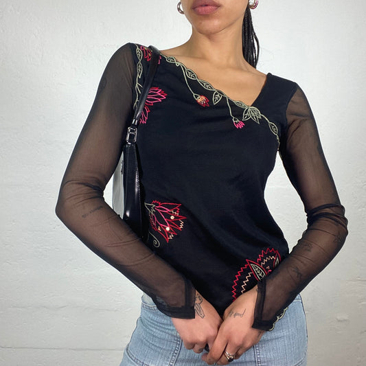Vintage 2000’s Dark Boho Girl Black Mesh Long Sleeves Asymmetric Too with Floral Embroidery (S)