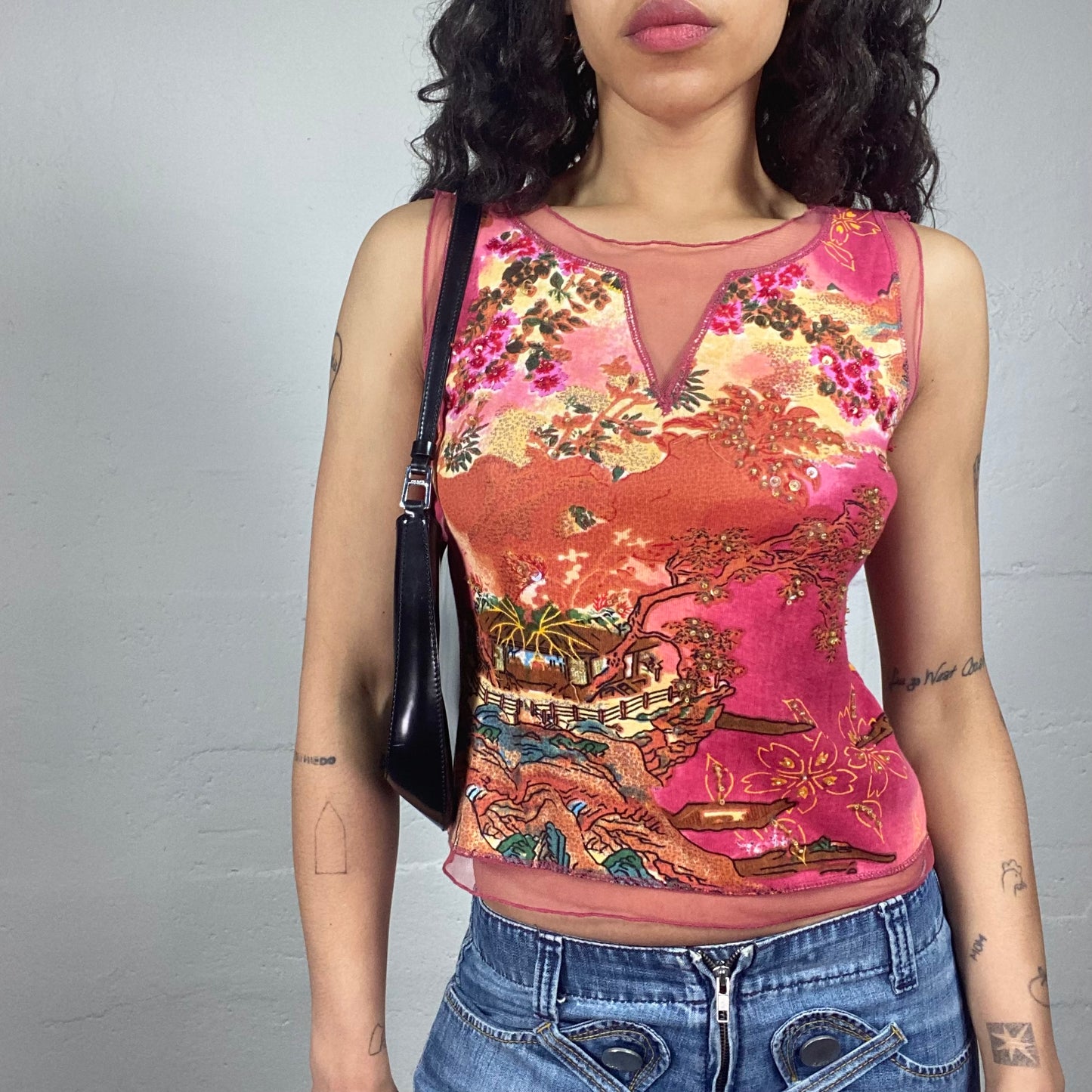 Vintage 2000's Boho Girl Pink and Orange Printed Tank Top with Mesh Detail (S)