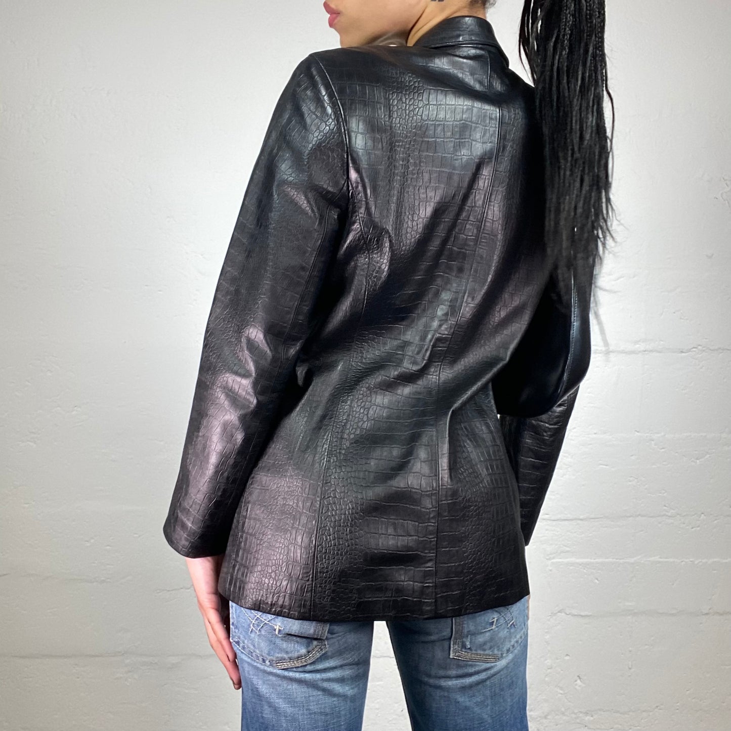 Vintage 2000's Femme Fatale Black Glossy Lamb Leather Crocodile Skin Effect Texture Blazer (M)