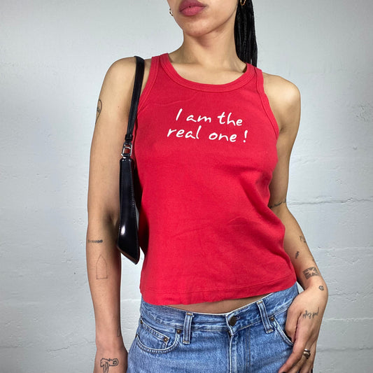 Vintage 2000's Skater Girl Red Tank Top with White I Am The Real One! Typo Print (L)