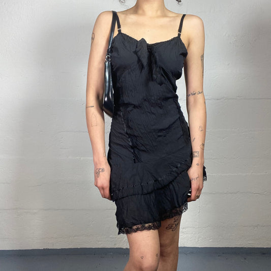 Vintage 2000's Night Out Black Satin Textured Layered Black Mini Cami Dress (S)
