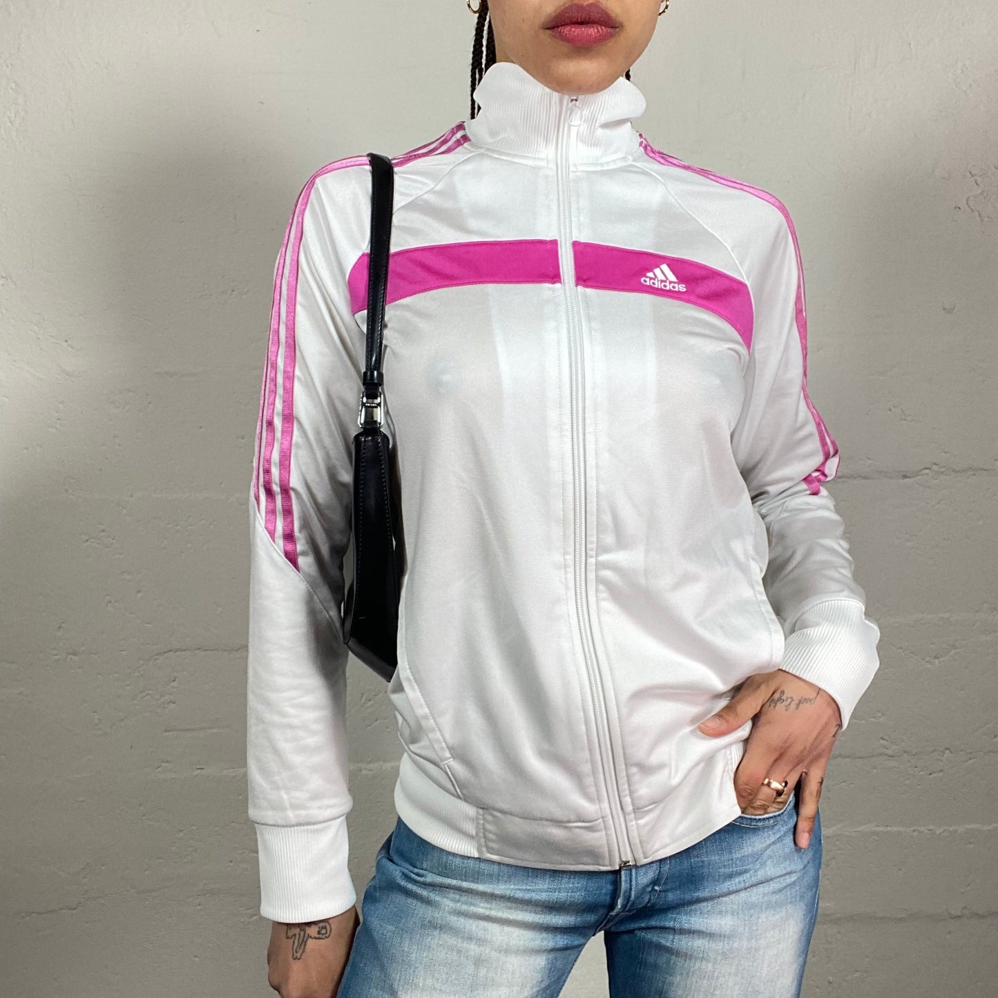 Vintage 2000’s Archive Adidas Paris Hilton Style White Zip Up Pollover with Pink Accents (S)