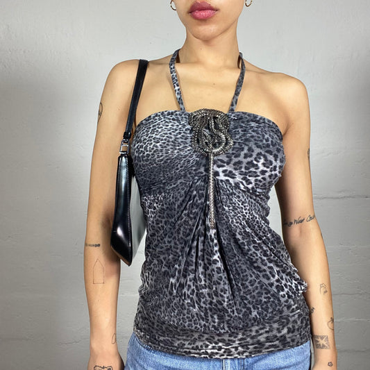 Vintage 2000's Glamorous Blue and Grey Leo Print Draped Neckholder Top with Shiny Silver Detail (XS)