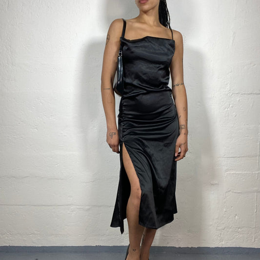 Vintage 2000's Dinner Out Chic Black Silky Draped Midi Dress with Side Cut (S)