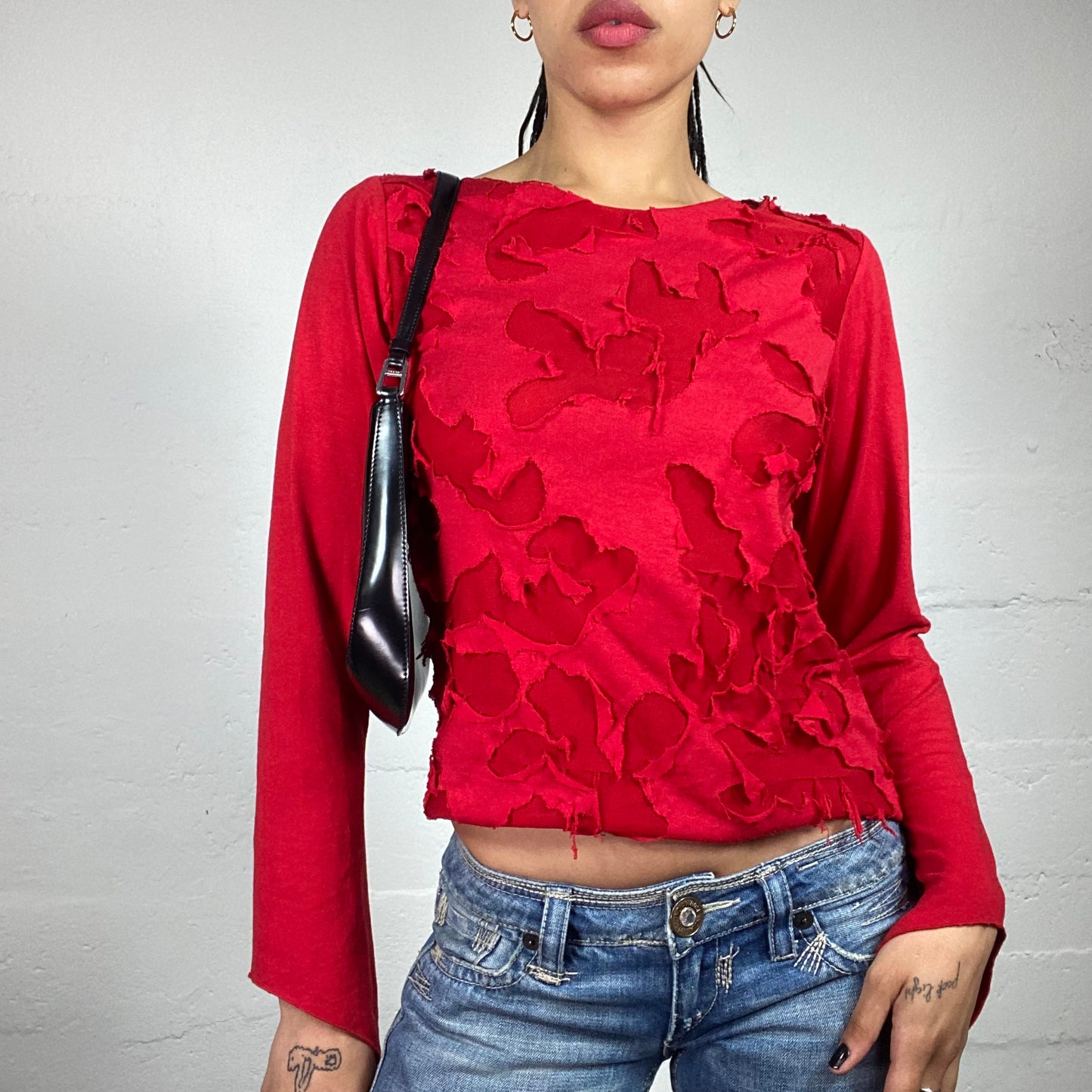 Vintage 2000's Skater Girl Blood Red Longsleeve Top with Ripped Texture Embroidery (M)