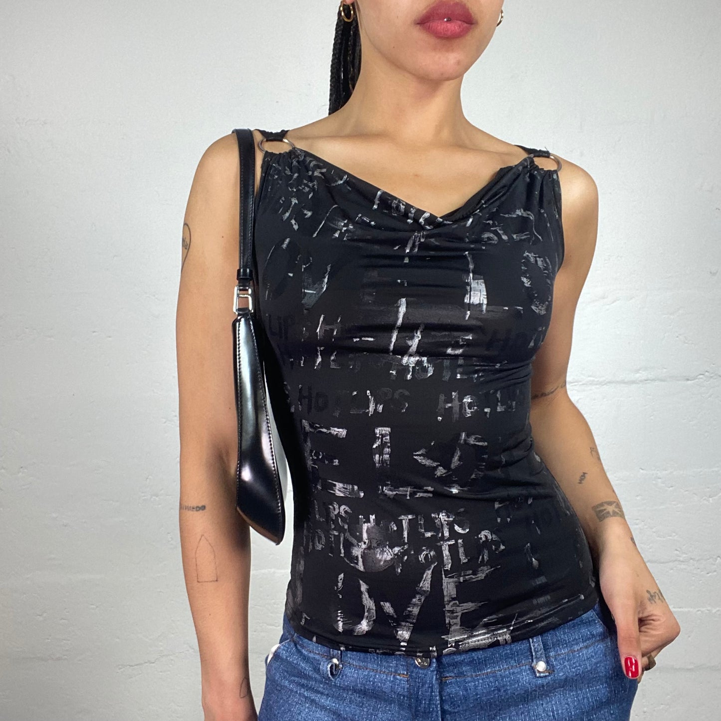 Vintage 2000's Clubwear Black Silver Printed Draped Neck Tank Top (S)