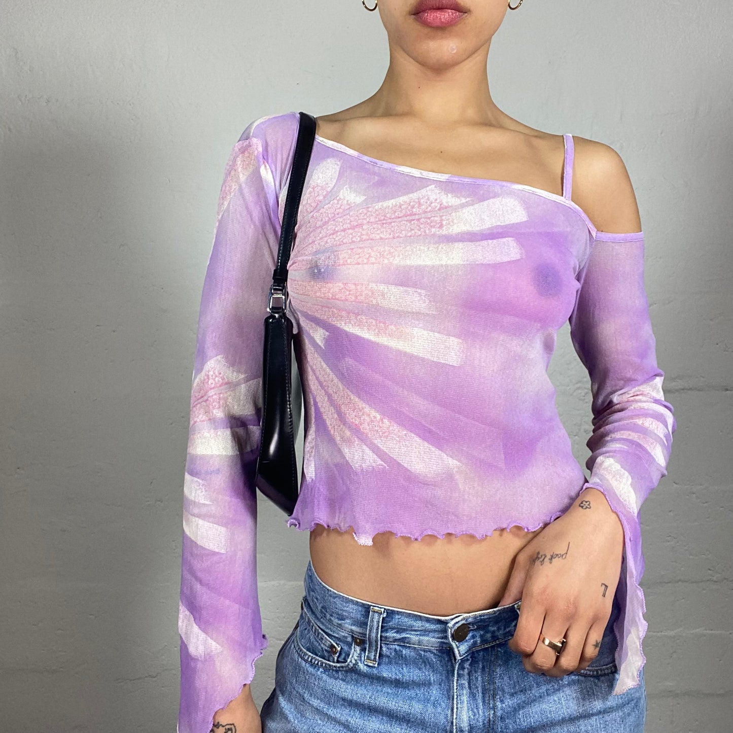 Vintage 2000's Romantic Purple Mesh See Through Flare Sleeves One Shoulder White Faded Print Top (S)