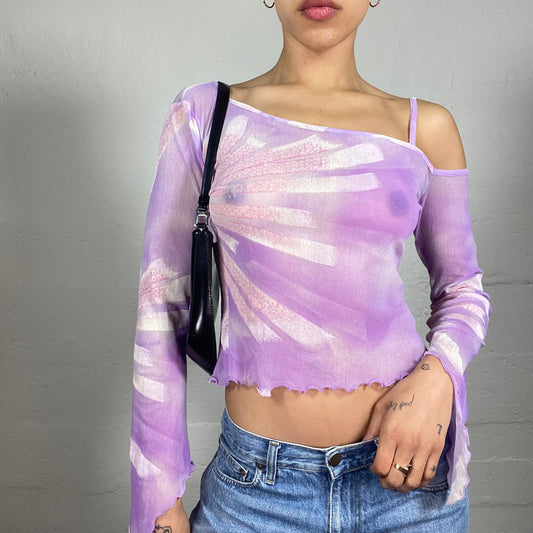 Vintage 2000's Romantic Purple Mesh See Through Flare Sleeves One Shoulder White Faded Print Top (S)