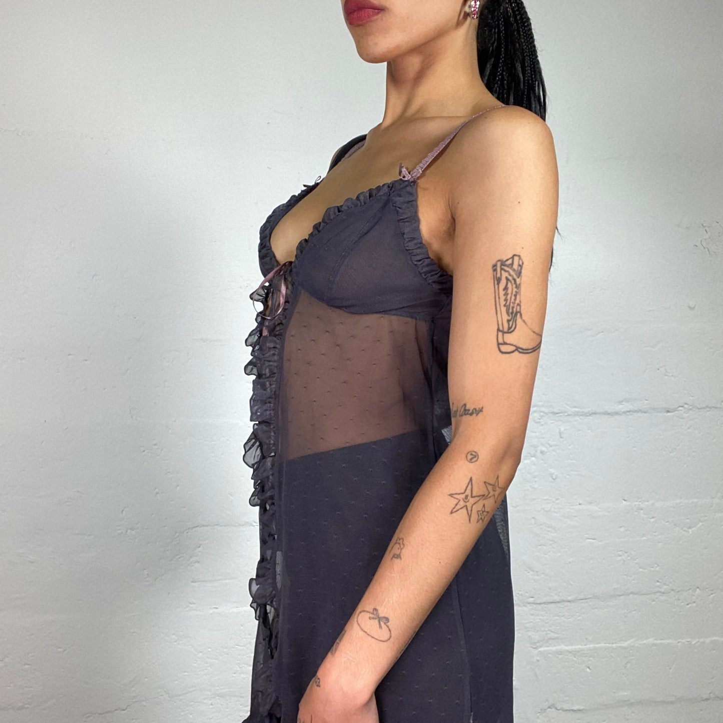 Vintage 2000's Soft Girl Dirty Purple Mesh See Through Lingerie Style Bolero Top with Silky Ribbons and Ruffled Trim (S)