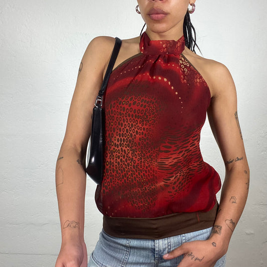 Vintage 2000’s Femme Fatale Dark Red Chiffon Abstract Printed Neckholder Top (S)