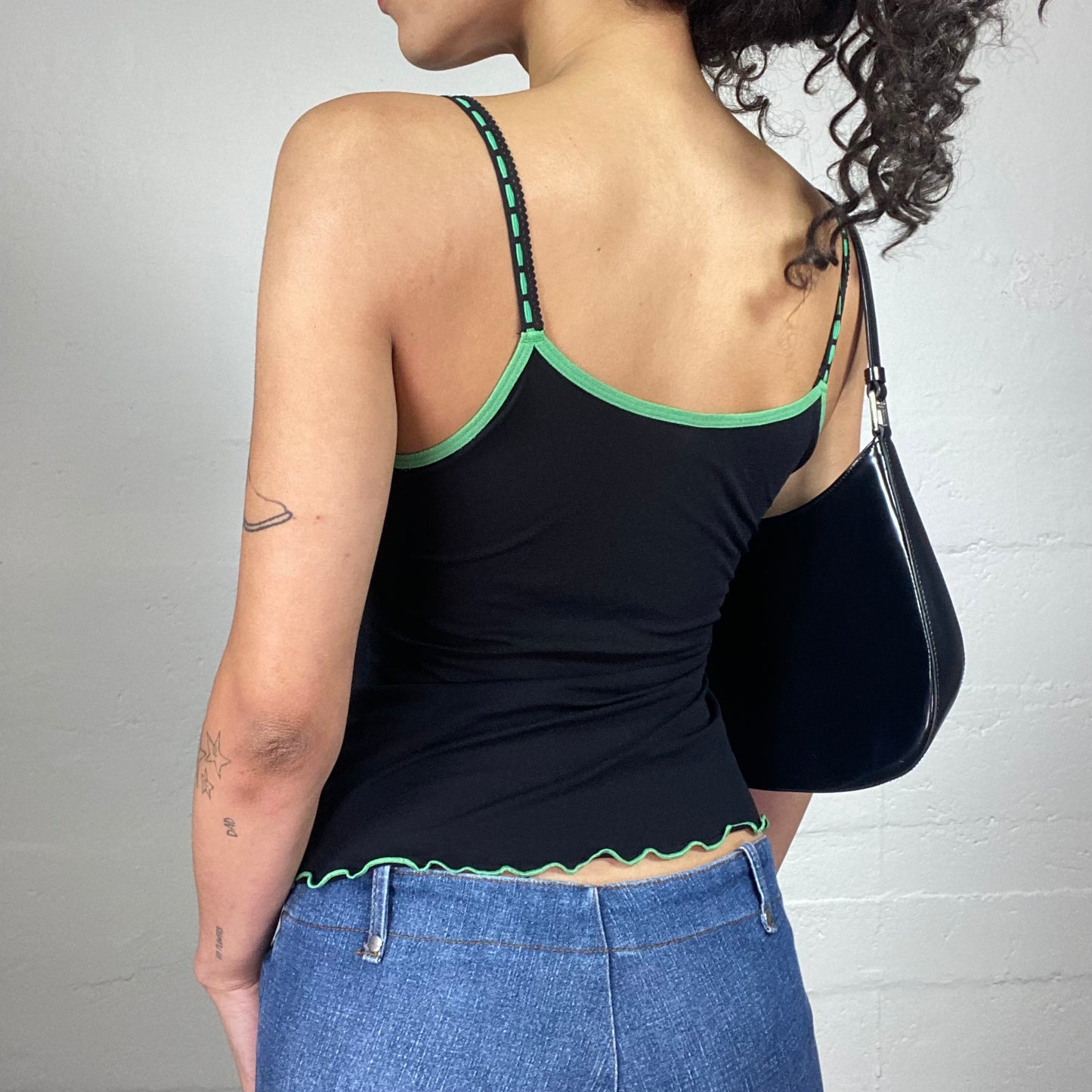 Vintage 2000's Casual Black Mesh Classic Cami Top with Lime Green Trim and Seaming (S)