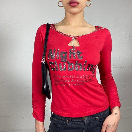 Vintage 2000's Gothic Red Printed Longsleeve Top with Back Lace Cross Detail (S)